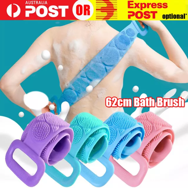 Bath Silicone Exfoliating Back Strap Scrub Shower Body Scrubber Brush Wash Clean