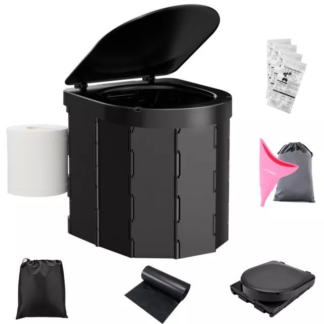 Portable Camping Toilet with Lid, Paper Holder, Urination Device and Urinal Bags