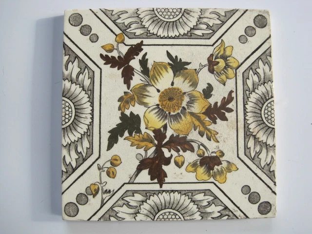 Antique Victorian Print And Tint Wall Tile - Yellow & Grey Flowers & Corner Dots