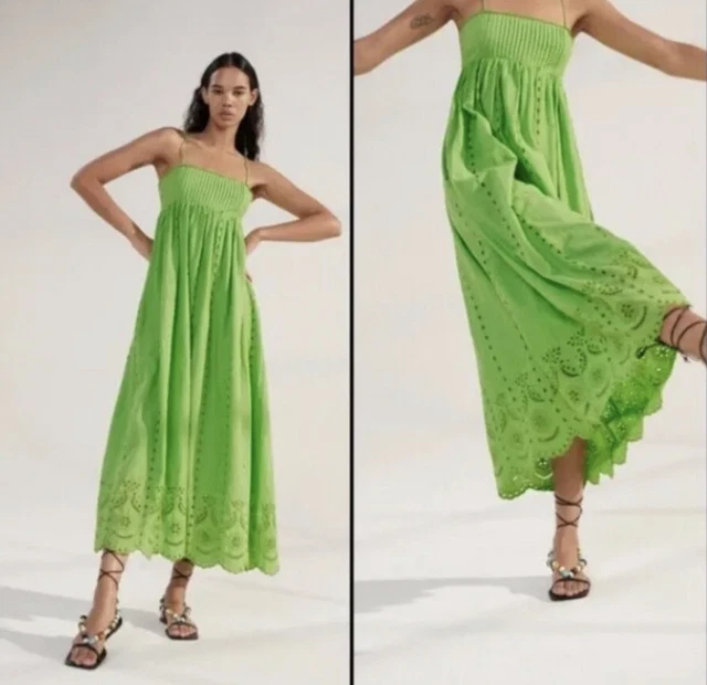 slim fit dress slacks ZARA Green / White Floral Cotton / Linen Blend Dress UK XS main image 1