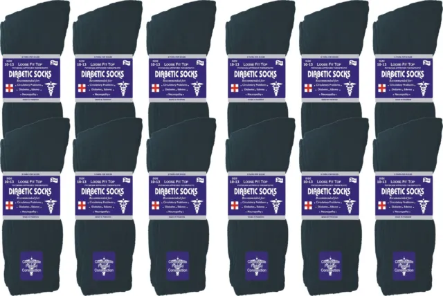 12 Pairs Men's Black Diabetic Crew Socks Health Circulatory Calf Cotton 10-13