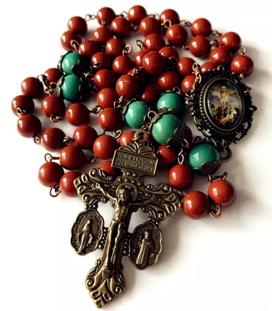 Red Carnelian & Howlite Father Beads Catholic Rosary Bronze Pardon Crucifix box