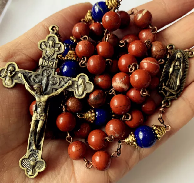 Catholic Red Carnelian Lapis lazuli beads Vintage Rosary Necklace Cross crucifix 2
