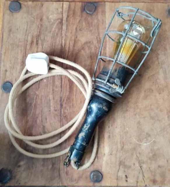 Antique Vintage Wooden Caged Hand Lamp Inspection Industrial Lamp Light