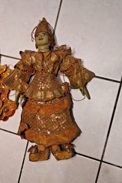 3 Antique Vintage Asian Burmese India  Hand Crafted Marionette Puppet 2