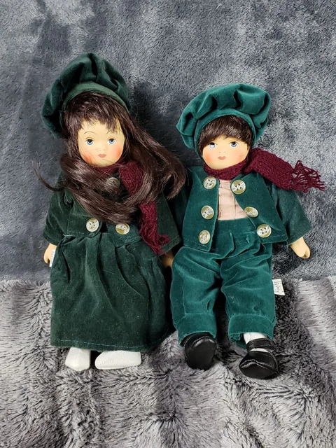 Victorian Porcelain Dolls 9 inch GIRL & BOY Velvet Cap Springfield Inc. SET OF 2