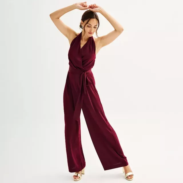 Nine West Women's Sleeveless Wide Leg Halter Jumpsuit Burgundy SZ XXL:NWT