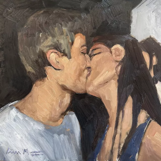 Original Impressionist Figures Painting Male Female Kiss Signed Liam Matthew