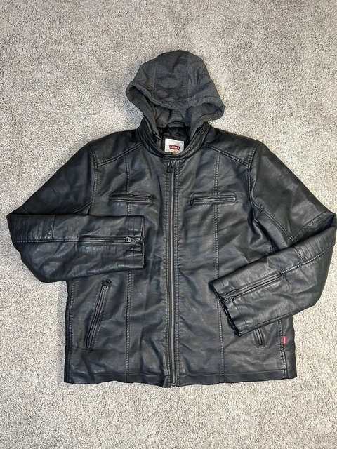 LEVI'S STRAUSS Faux Leather Bomber JACKET Mens Large Black Insulated Hooded