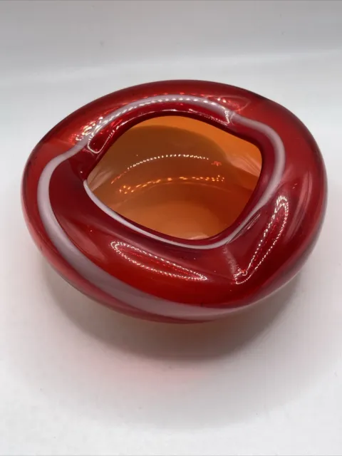 Vintage Art Glass Red White Swirl Pattern Folded Rim Ashtray Bowl