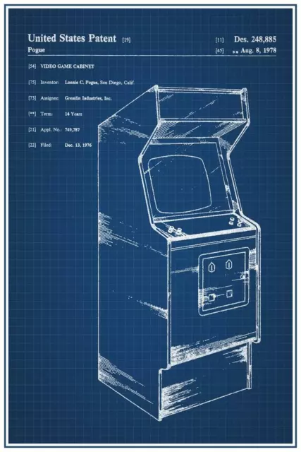 Retro Arcade Video Game Cabinet Official Patent Blueprint Poster 24x36