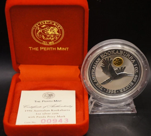 19956 Australia Kookaburra Panda Gold Privy Mark One Dollar Silver Coin