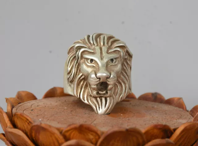 3CM Old Chinese Miao Silver lion Leo Head Beast Jewellery Hand Ring