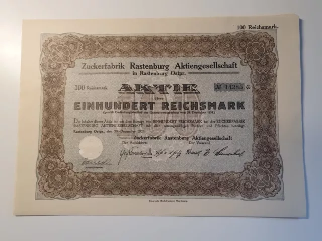 Zuckerfabrik Rastenburg Aktiengesellschaft 1924 100 RM