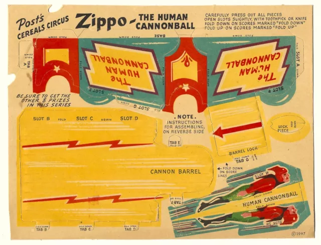 1947 CIRCUS Pop OUT Post Cereal Card CIRCUS TOYS F278-53 Zippo HUMAN CANNONBALL