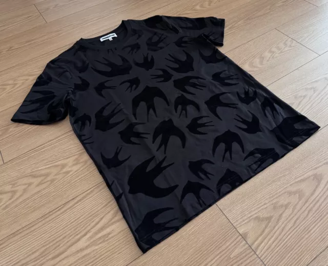 McQ by Alexander McQueen T-shirt LARGE Size Flocked Swallows Cotton Black