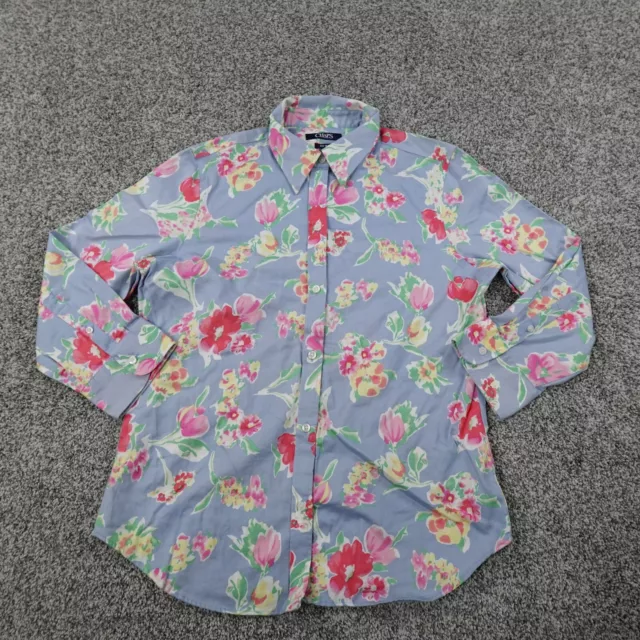 Ralph Lauren Chaps Shirt Womens Medium Blue 3/4 Sleeve Button Up Floral Flower