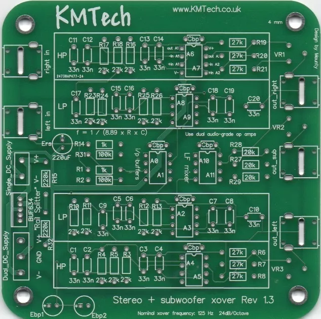 KMTech 24dB/oct stereo active crossover single sub output Buttkicker PCB v1.3.