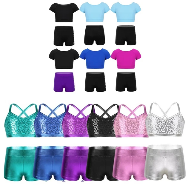 Kids Girls Sport Outfits Tracksuit Crop Top Shorts Yoga Set Ballet Workout Suit