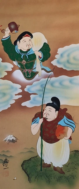 F0709 Japanese Hanging Scroll KAKEJIKU Vintage Hand Paint Silk Seven Lucky Gods