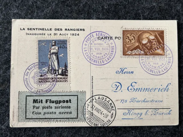 LUFTPOST SCHWEIZ Einweihung Soldatendenkmal "Les Rangiers" 31.VIII.1924