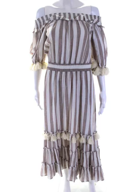 Misa Womens Half Sleeve Off Shoulder Striped Tassel Dress Brown White Medium