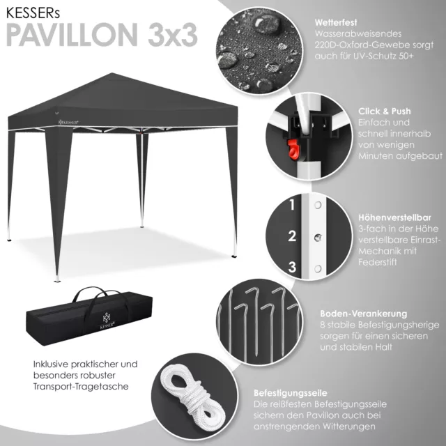 RETOURE Pavillon 3x3m | Pop-Up Klicksystem | Faltpavillon | Gartenzelt Grau 3