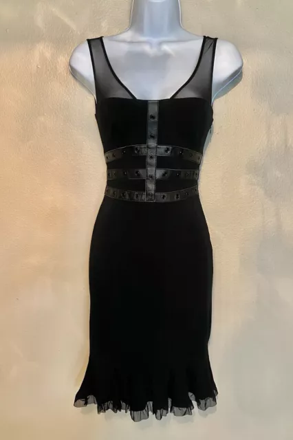 ‘GG Style' BEBE Rare Y2K Black Dress Mesh/Leather Studded Corset Ruffle 00/XXS