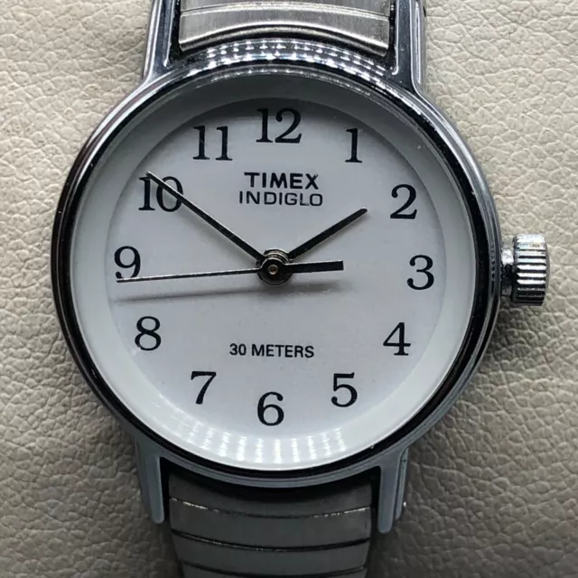 Timex Indiglo Watch Women Silver Tone White Dial Stretch Flex Band 6.25" J1035
