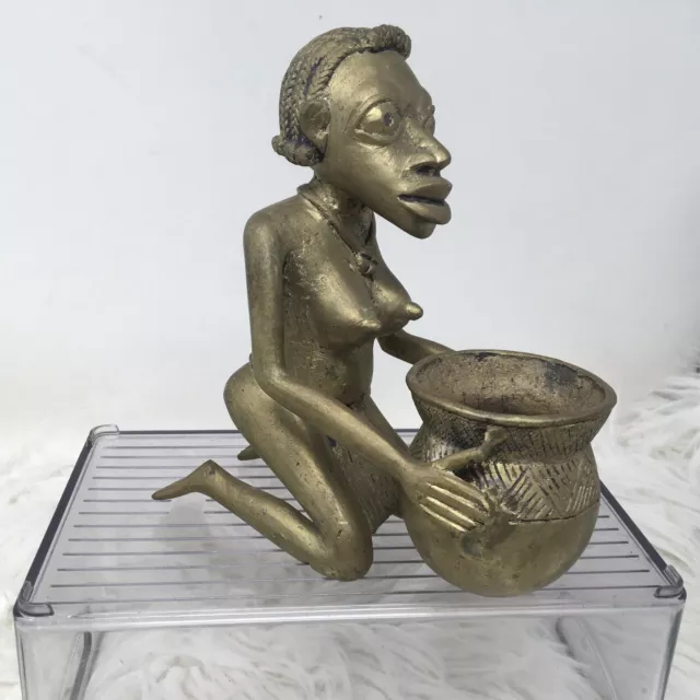 Vtg Benin Cast Bronze Sculpture Kneeling Woman W/ Basket African Tribal Art 4lb