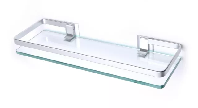 Wall Mounted Toughened Glass Shelf Chrome Supports Metal Rail - Curved Edge