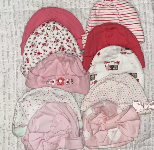 Lot of 10 Baby Girl Hats Beanies Newborn-3M Pink White