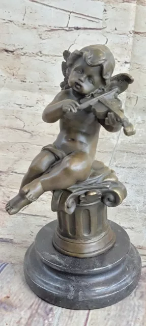 Angel Cherub Playing Violin Semi Nude Bronze Sculpture Statue Figurine Signed