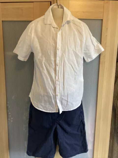 Boys Age 8 Summer Outfit From Next - Linen Blend White Shirt And Navy Shorts