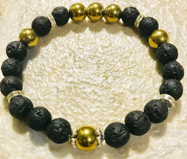 Ladys Gold Hematite & Lava Bracelet/ 8mm Size Stones