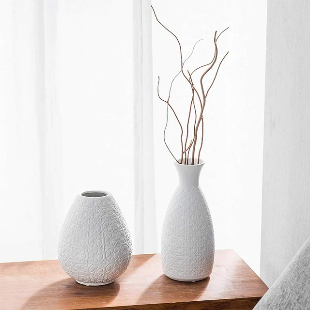 Matte White Art Deco Flower Inspire Embossed Ceramic Floral Decor Vase, Set of 2