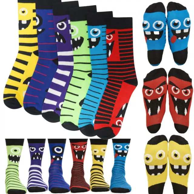 6 Pack Novelty Monster Socks Cotton Rich 2 Designs in 1 Sock Matching Adult/Kids