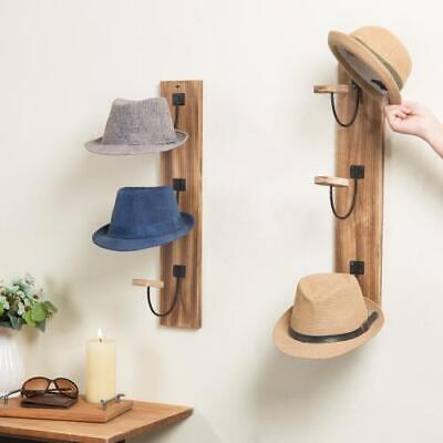 Rustic Burnt Wood Hat Rack for Wall with Metal Wire and Wood Hooks, Set of 2