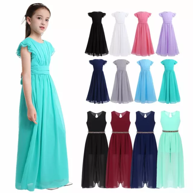 Kids Girls Chiffon Bridesmaid Long Dress Wedding Ball Maxi Communion Party Gown