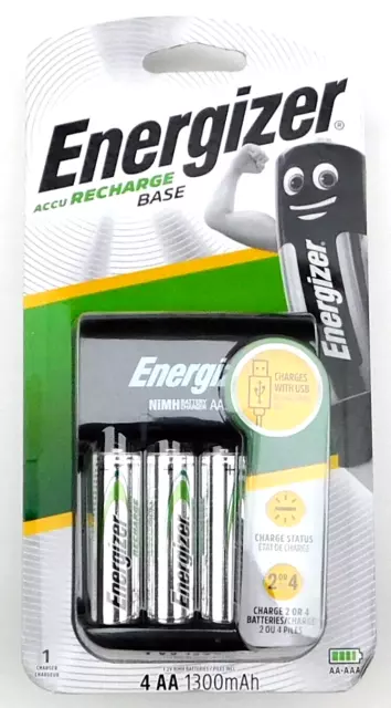 ENERGIZER ACCU RECHARGE BASE CHARGER WITH 4 AA 1300mAh BATTERIES & USB CABLE