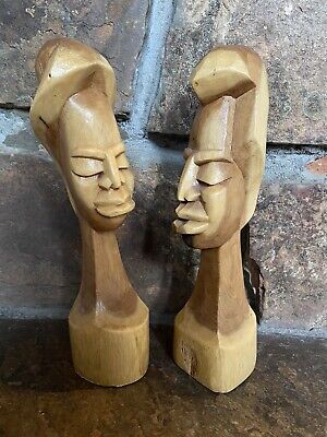 Pair/Vintage Hand Carved Primitive Folk Art/Busts -Man/Woman ~Martin Nassau/1984