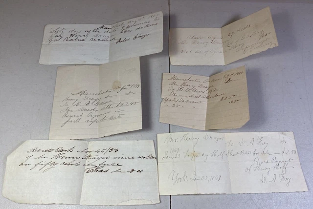 Lot of 6 Old Handwritten Pieces 1800s Henry Drayer, East Manchester Mt. Wolf, PA
