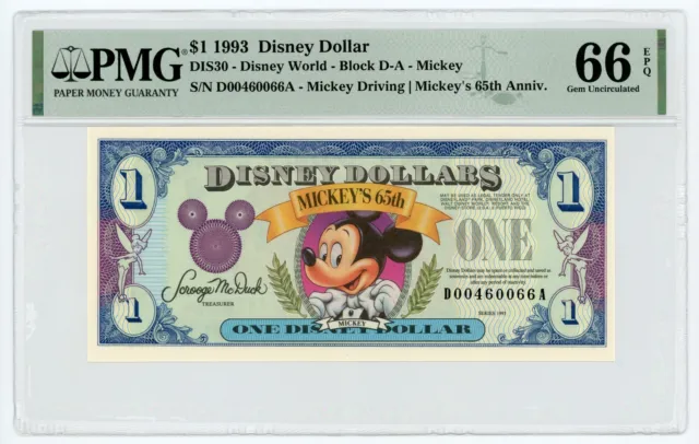 1993 Mickey Driving | Mickey's 65th Anniv. DISNEY DOLLAR Note - PMG 66 EPQ