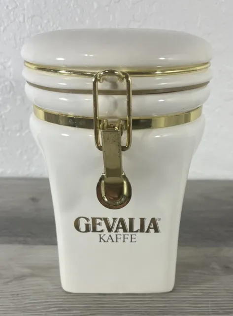 Gevalia Kaffe 8" Coffee Storage Ceramic White Gold Canister Container Airtight