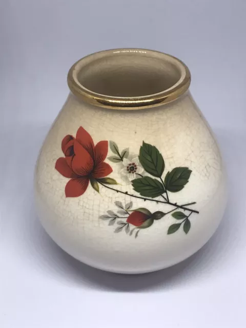 Vintage CROWN DEVON Bud Vase With Red Rose Motif 8cm