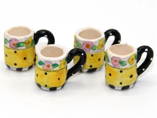 4 Mugs Flower Kitchen Accessory Dolls House Miniature 1:12th Scale (GB)