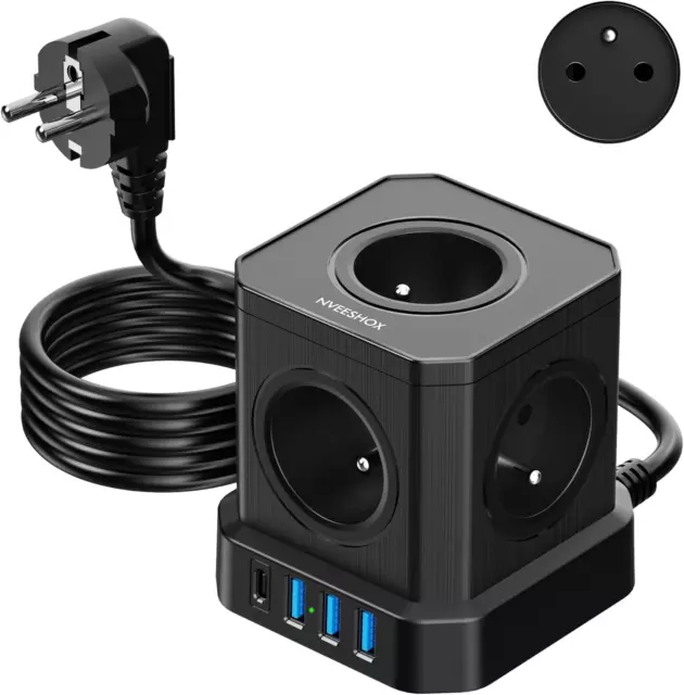 Cube Multiprise (16A/4000W) 5 Prises Avec 3 Ports USB Et 1 Port Type-C