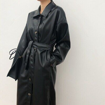 New Spring Women Faux Leather Long Jacket Belt Windbreaker Trench Coat Outwear