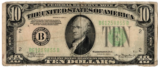 1934 A $10 Ten Dollar Bill Green Seal Circulated United State Note Currency