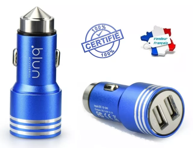 Chargeur Voiture Allume Cigare Aluminium Bleu Adaptateur Double Port USB 3.1A